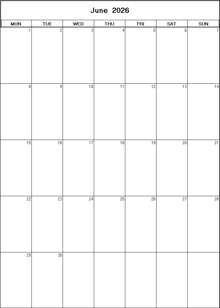 printable blank calendar image for June 2026