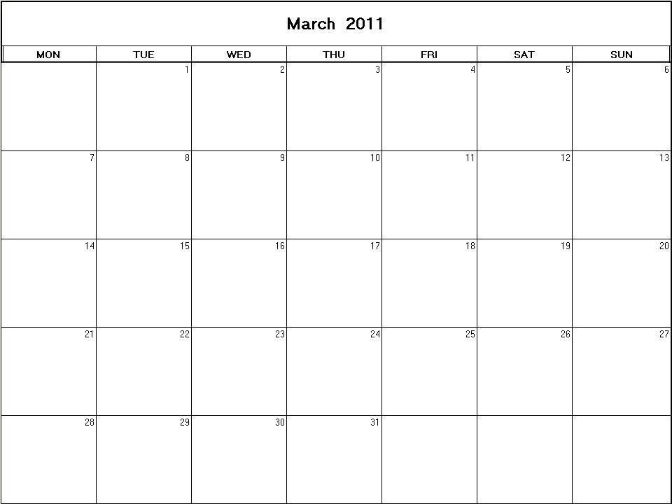 printable blank calendar image for March 2011