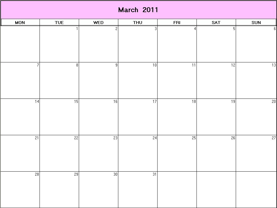 printable blank calendar image for March 2011
