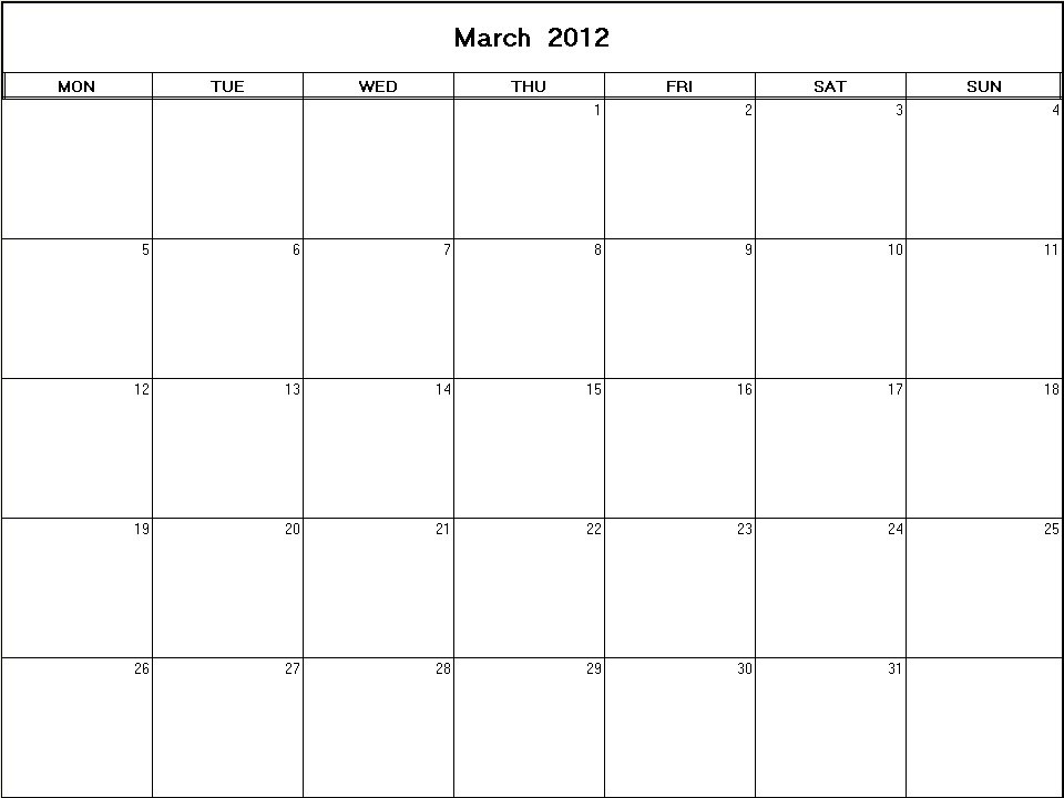 printable blank calendar image for March 2012