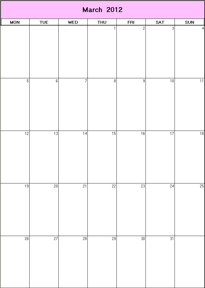 printable blank calendar image for March 2012