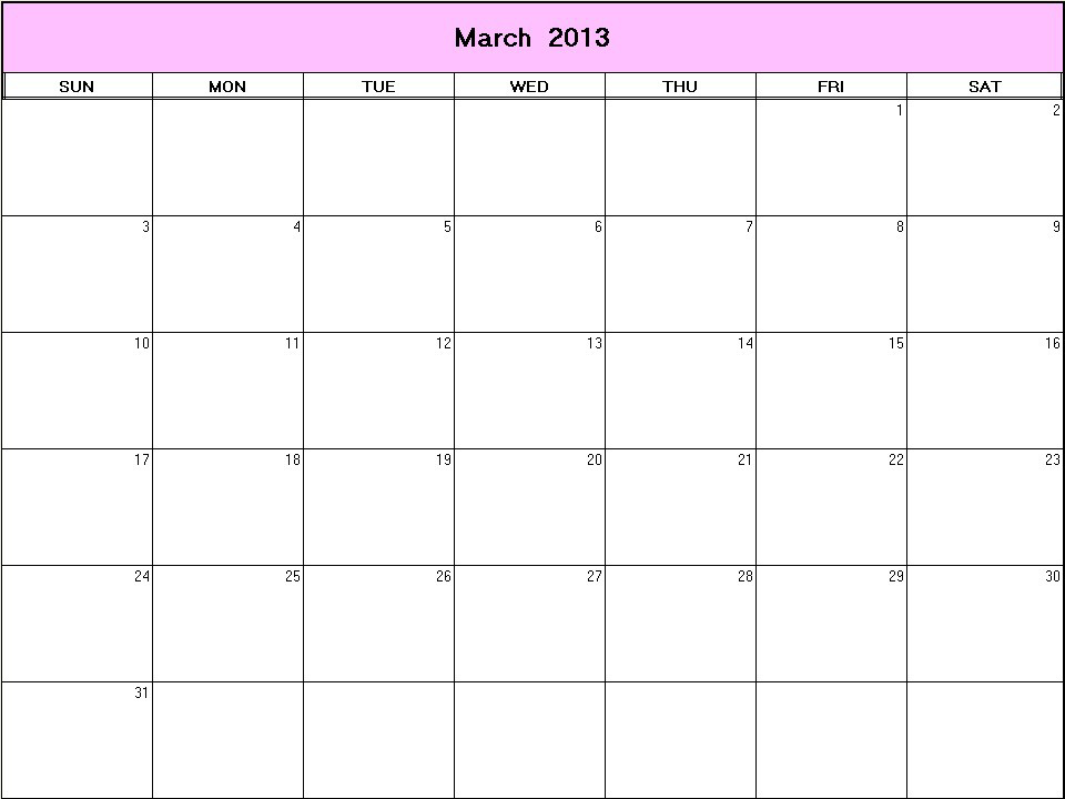 printable blank calendar image for March 2013