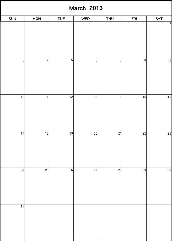 printable blank calendar image for March 2013