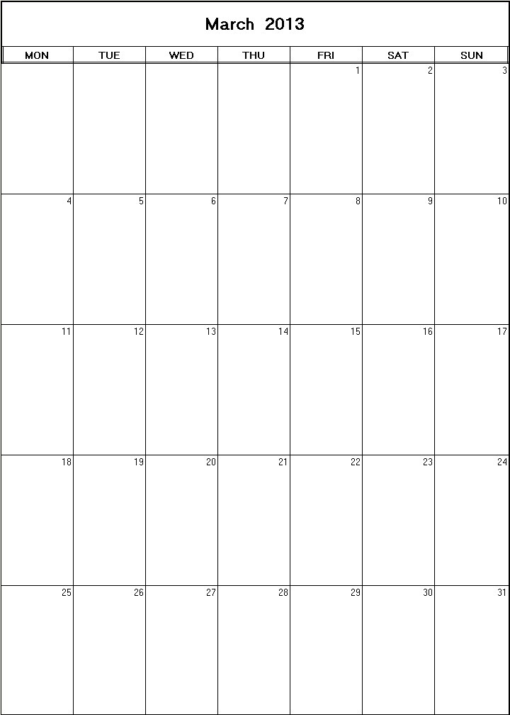 printable blank calendar image for March 2013