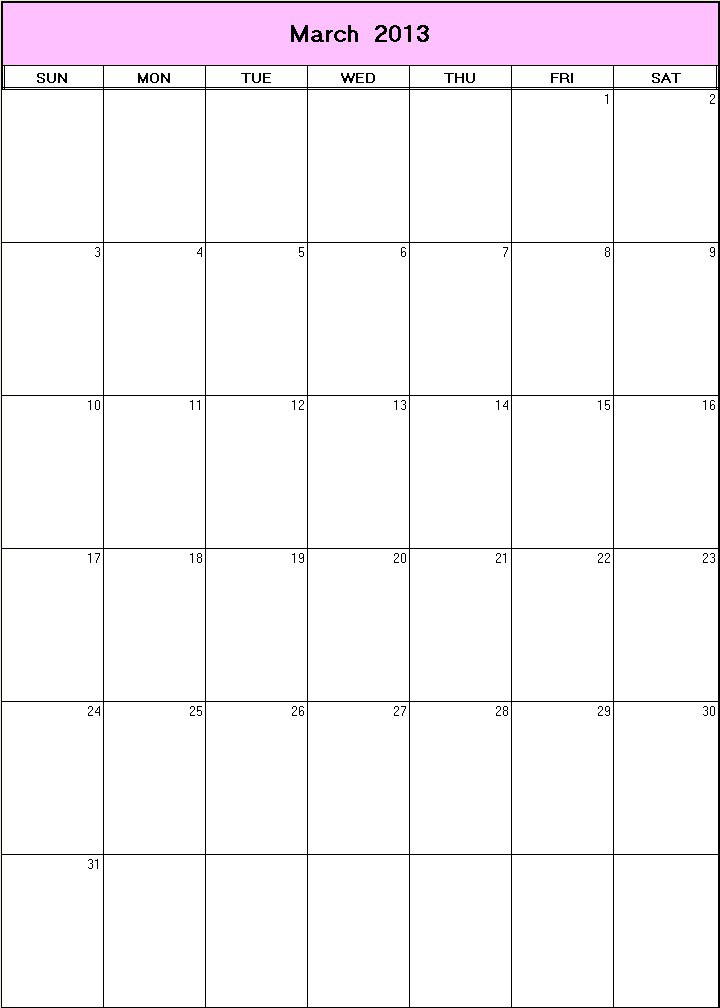 printable blank calendar image for March 2013