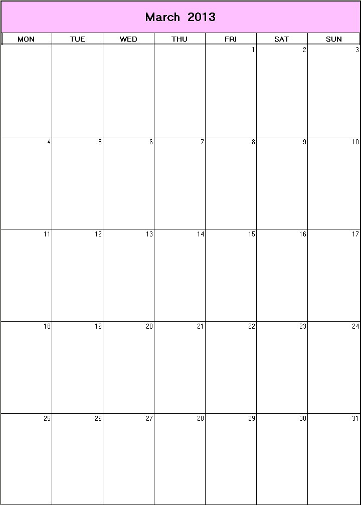 printable blank calendar image for March 2013