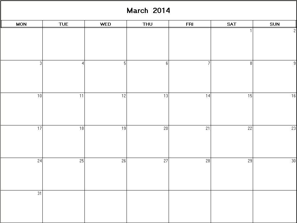 printable blank calendar image for March 2014