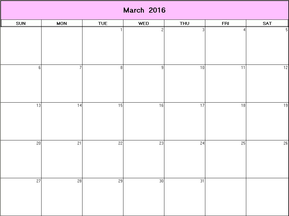 printable blank calendar image for March 2016