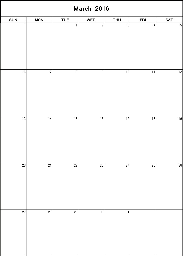 printable blank calendar image for March 2016