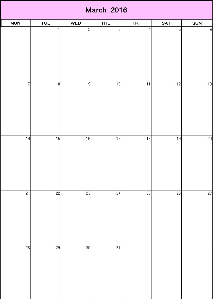 printable blank calendar image for March 2016