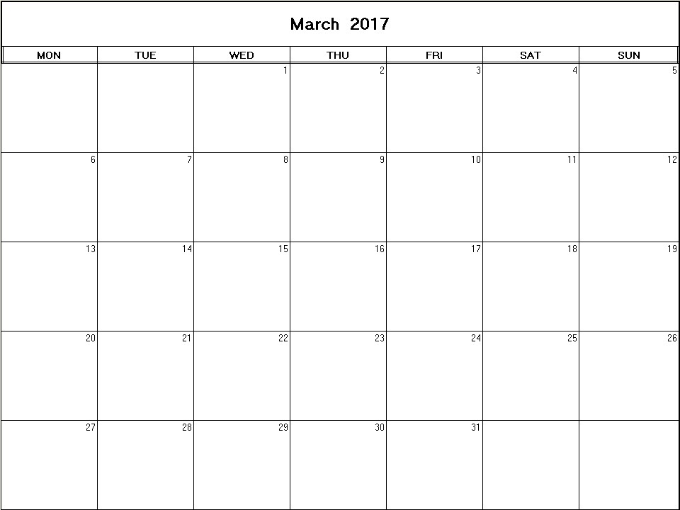 printable blank calendar image for March 2017