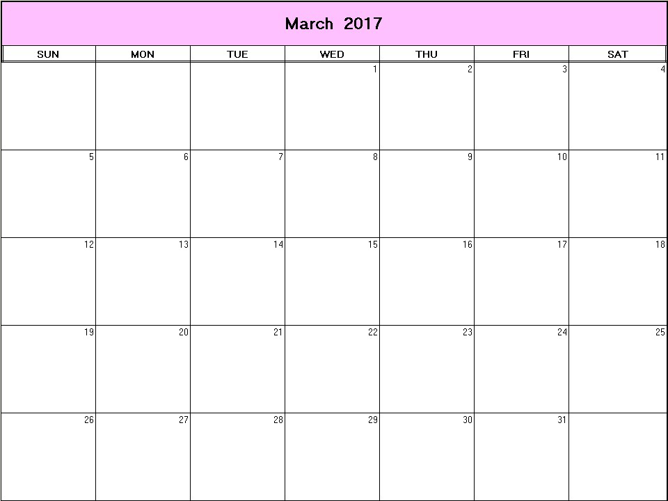 printable blank calendar image for March 2017