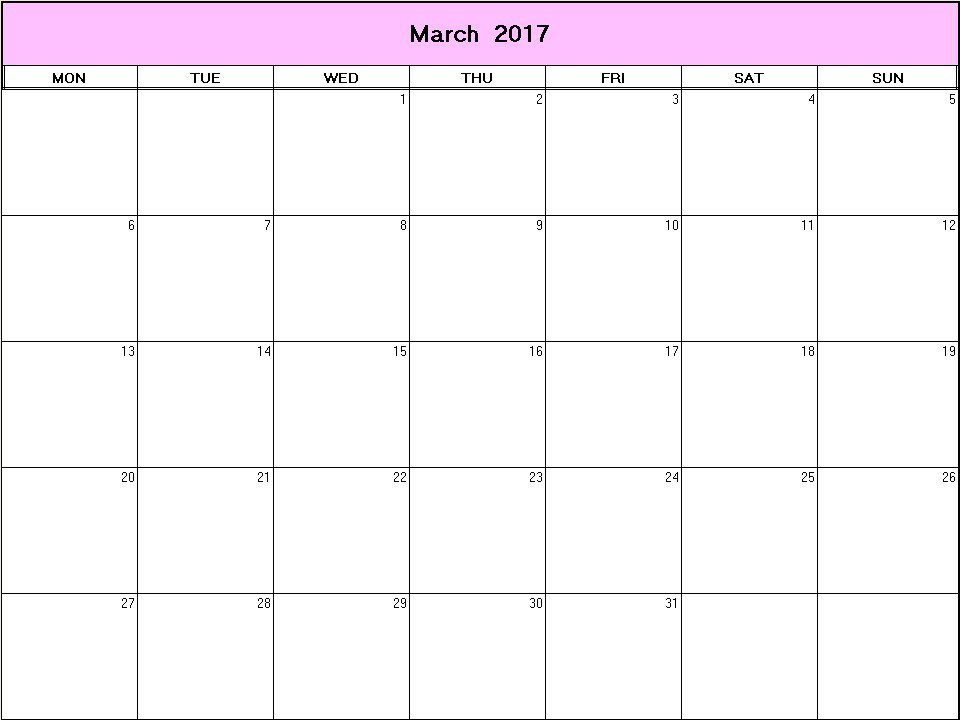 printable blank calendar image for March 2017