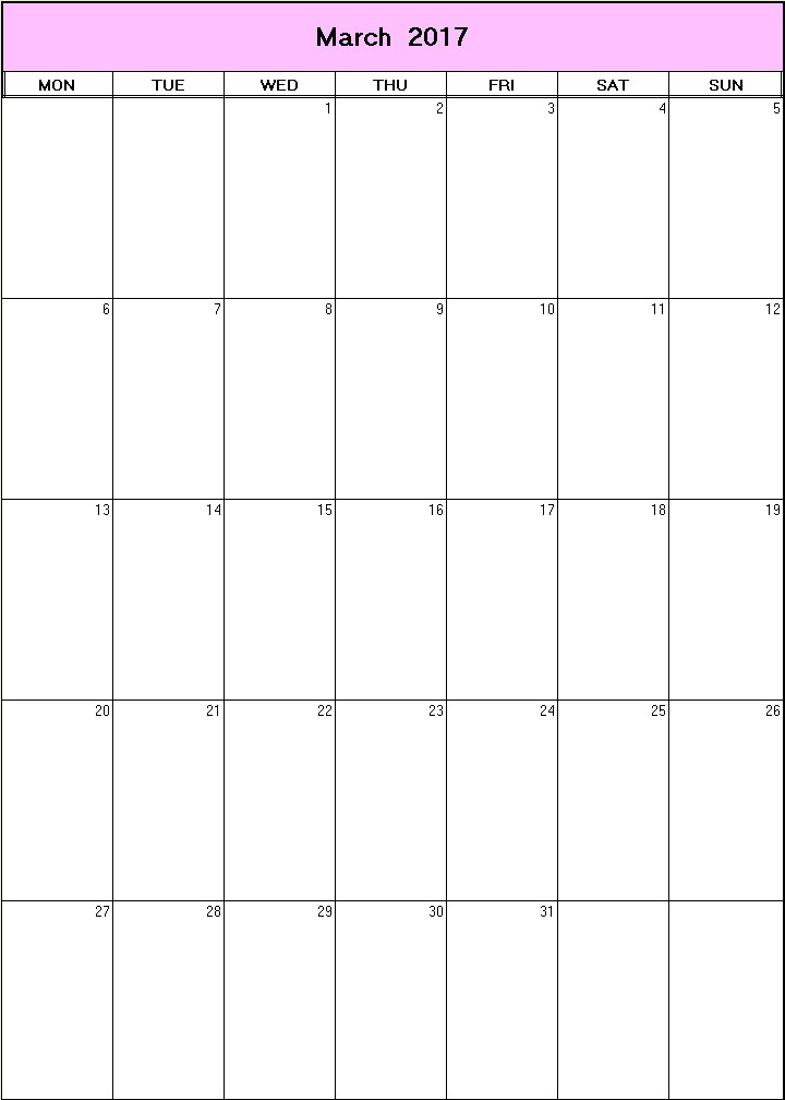 printable blank calendar image for March 2017