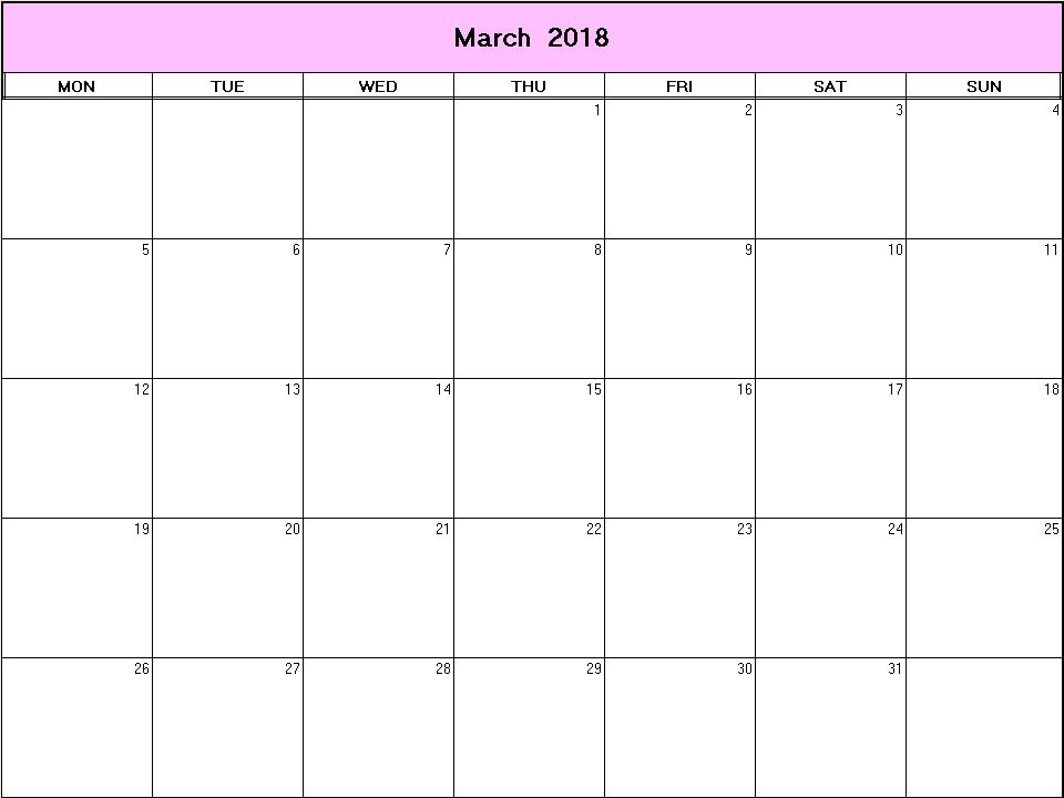 printable blank calendar image for March 2018