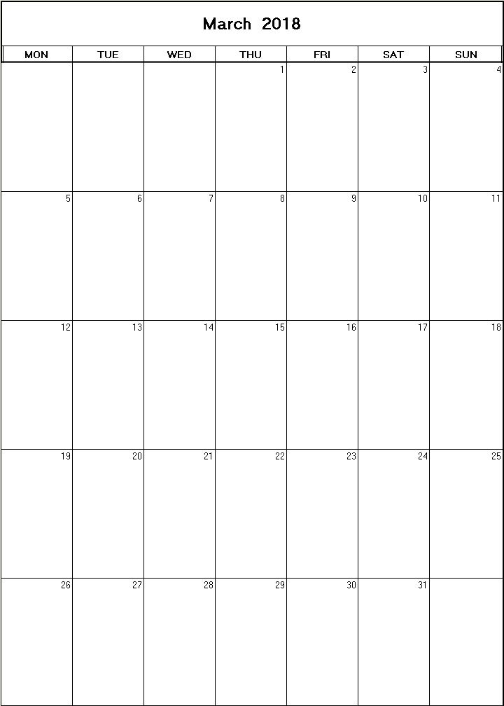 printable blank calendar image for March 2018
