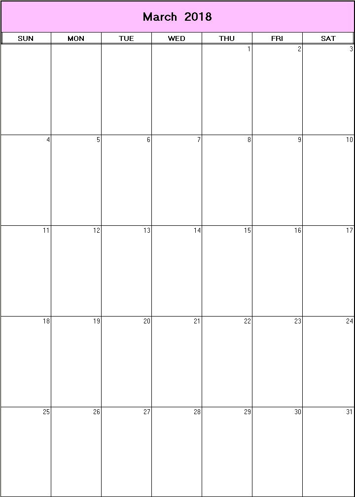 printable blank calendar image for March 2018