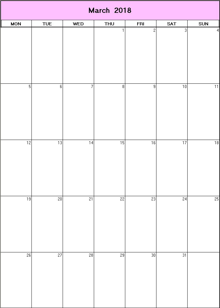 printable blank calendar image for March 2018