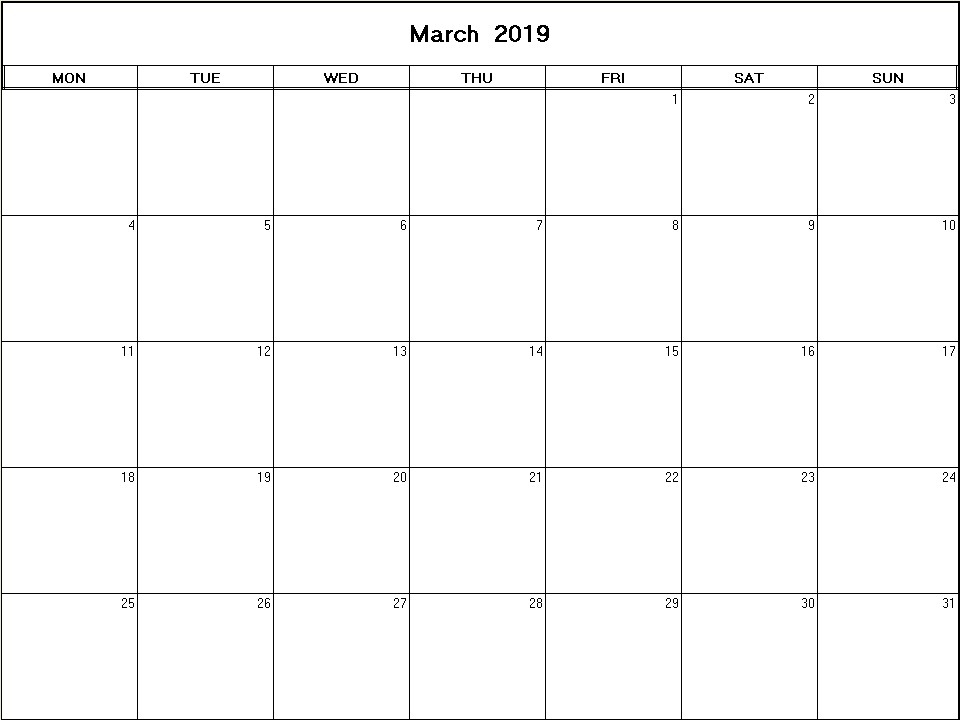 printable blank calendar image for March 2019