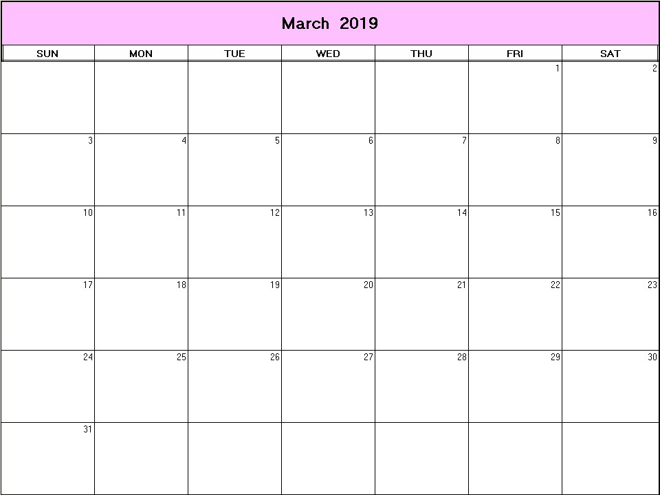 printable blank calendar image for March 2019