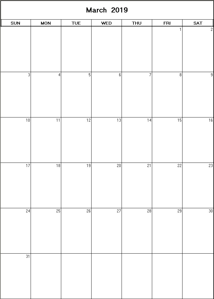 printable blank calendar image for March 2019