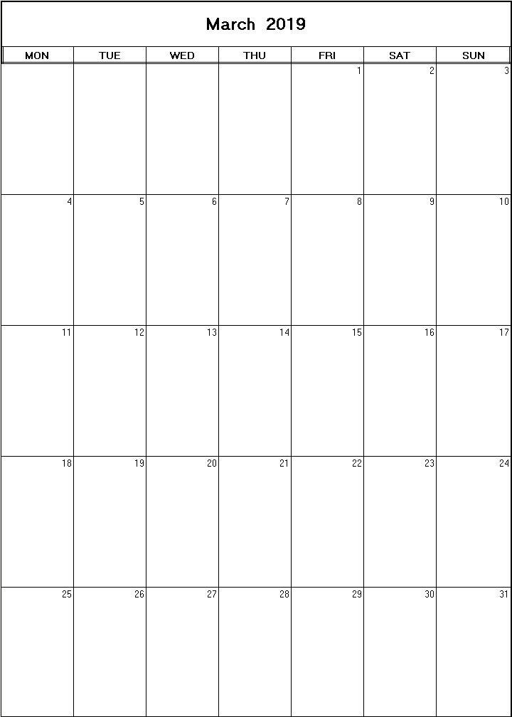 printable blank calendar image for March 2019
