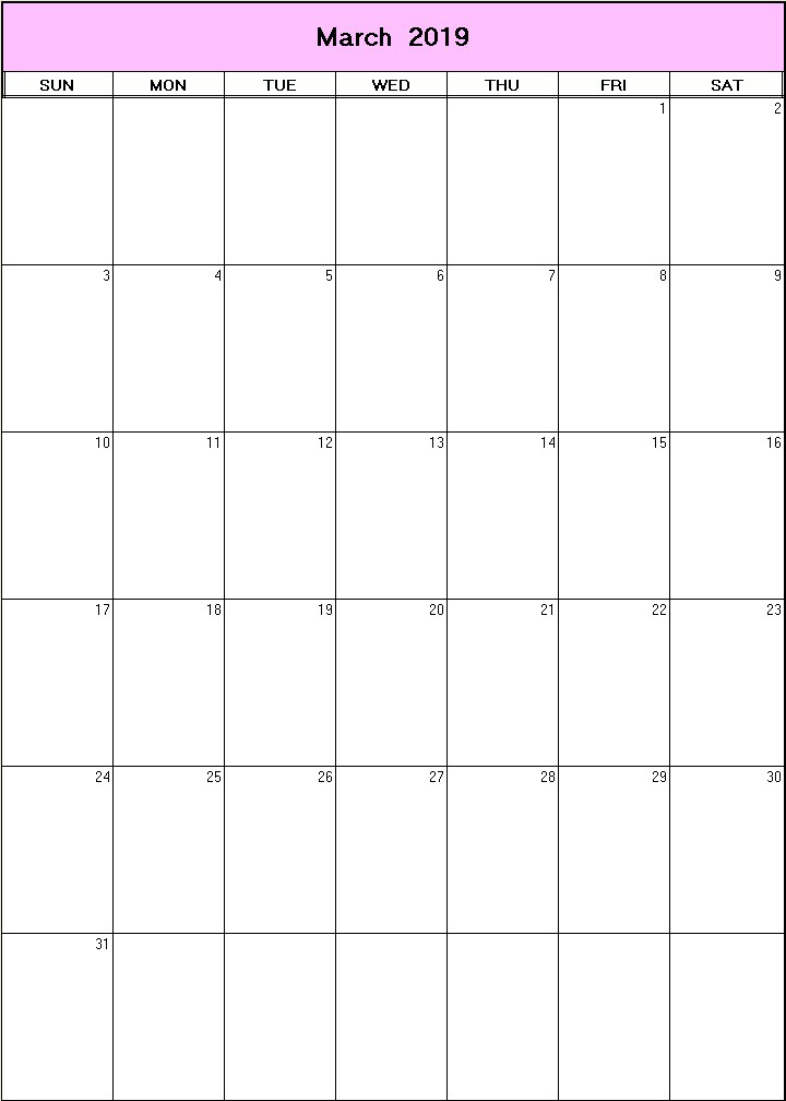 printable blank calendar image for March 2019