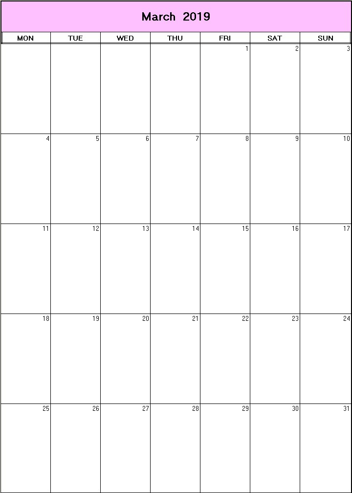 printable blank calendar image for March 2019