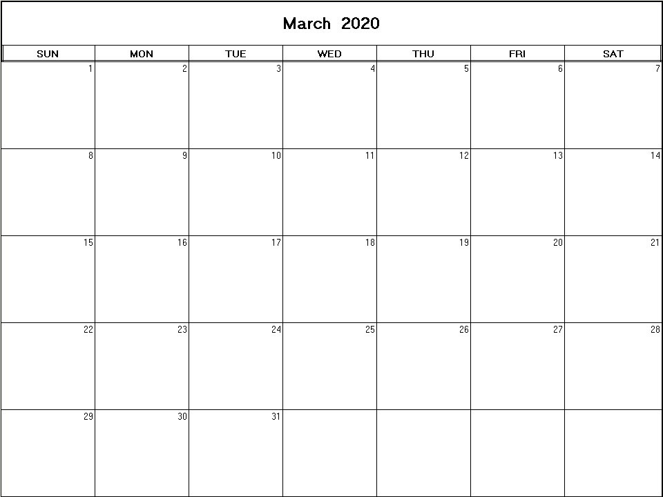 printable blank calendar image for March 2020