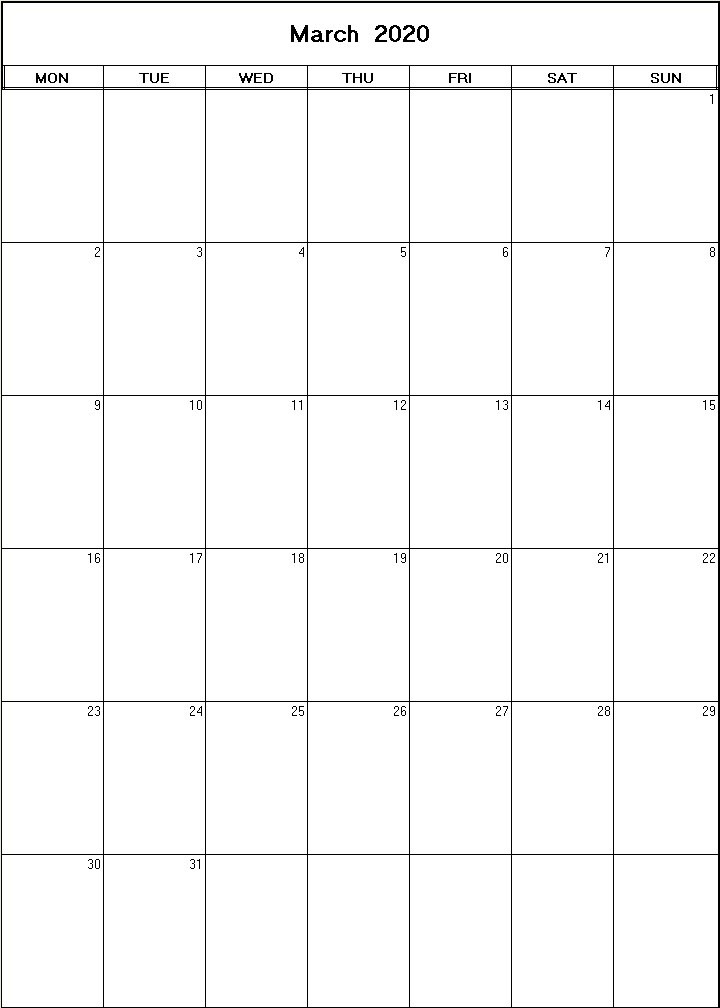 printable blank calendar image for March 2020