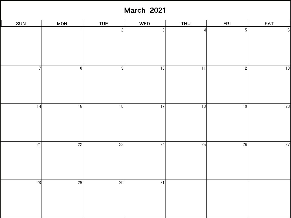 printable blank calendar image for March 2021