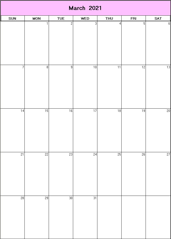 printable blank calendar image for March 2021