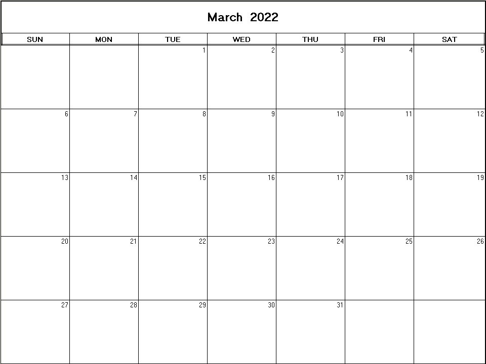 printable blank calendar image for March 2022