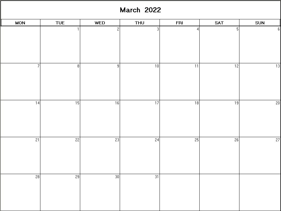 printable blank calendar image for March 2022