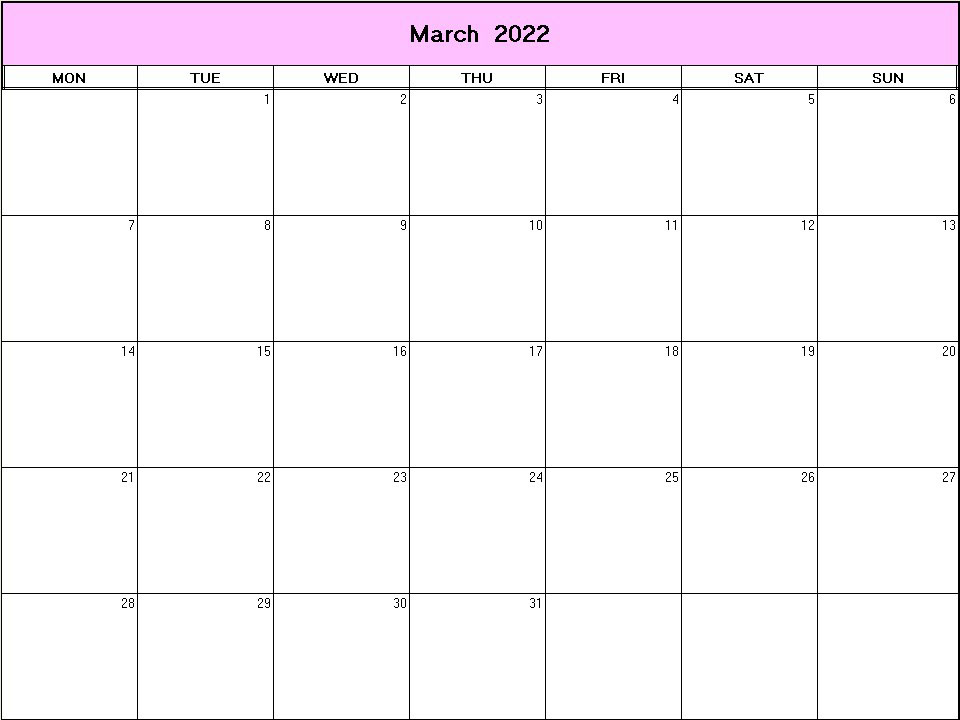 printable blank calendar image for March 2022