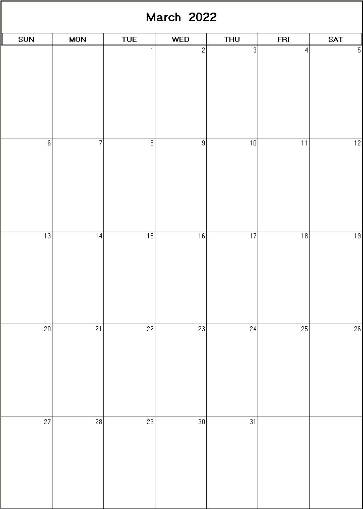 printable blank calendar image for March 2022