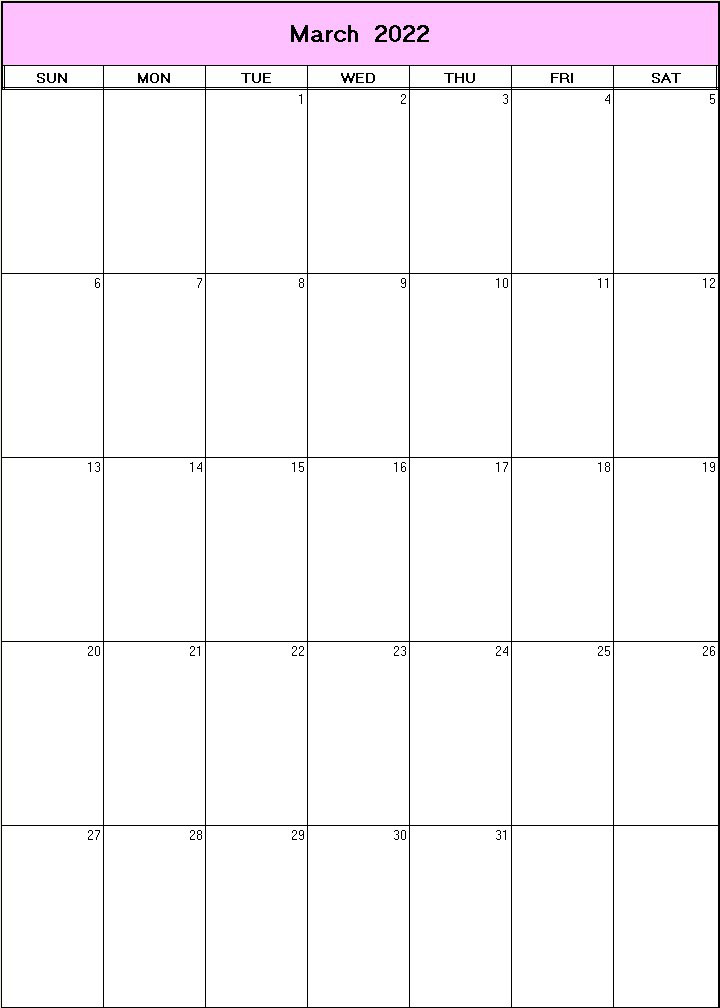 printable blank calendar image for March 2022