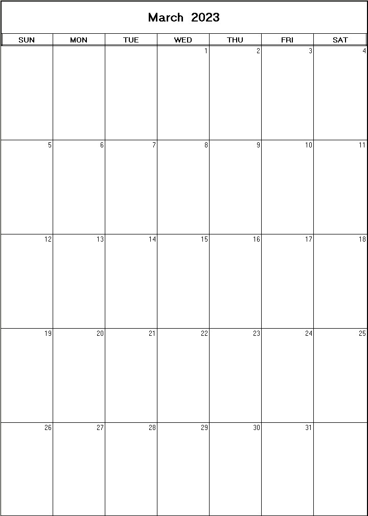 printable blank calendar image for March 2023