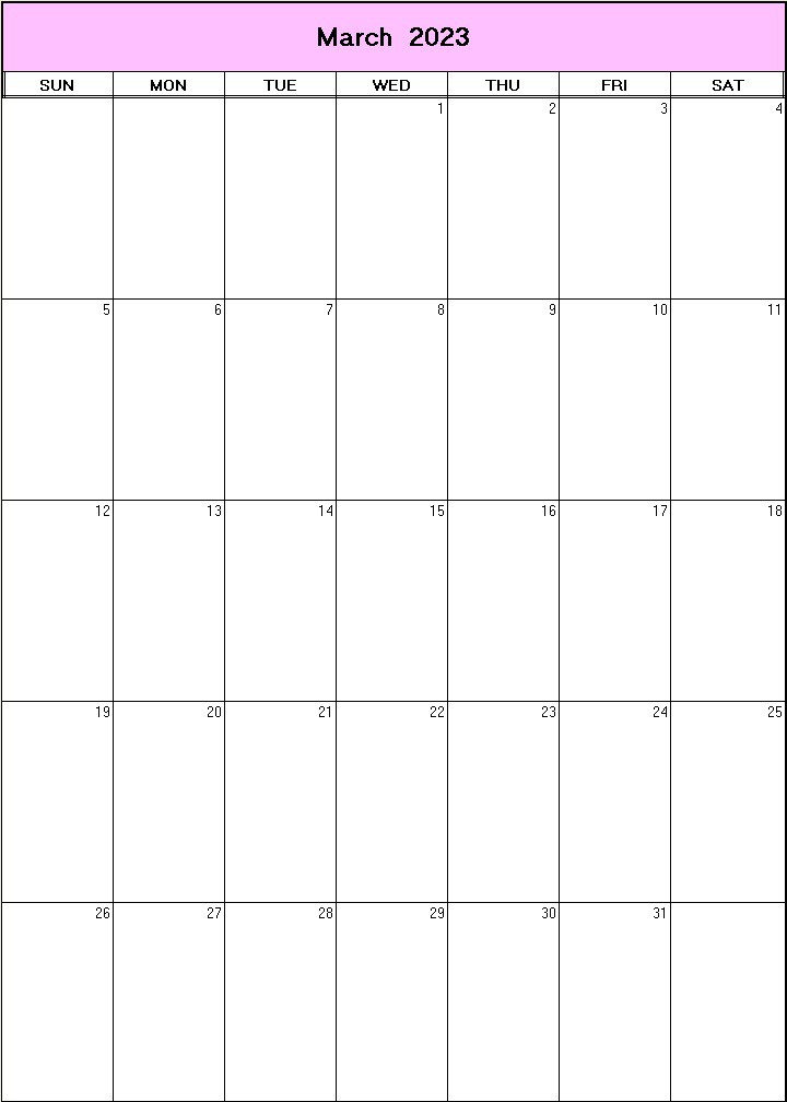 printable blank calendar image for March 2023