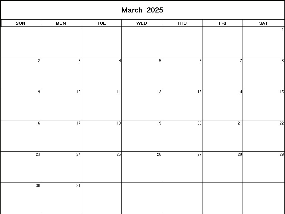 printable blank calendar image for March 2025