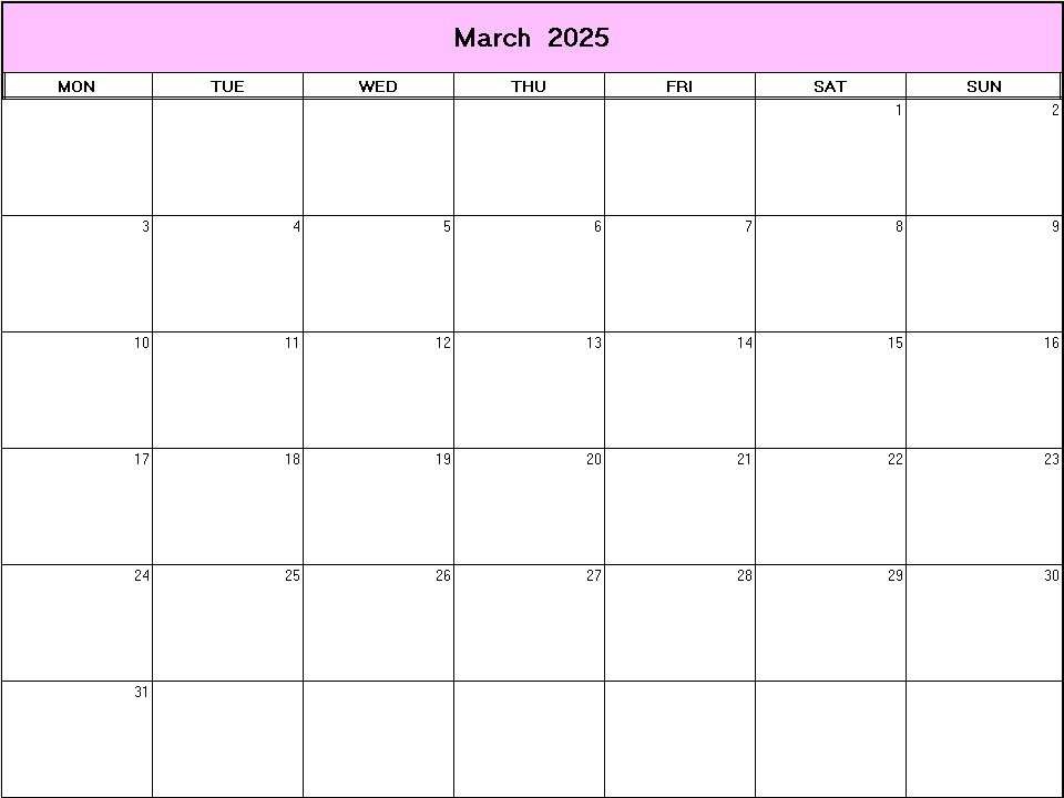 printable blank calendar image for March 2025
