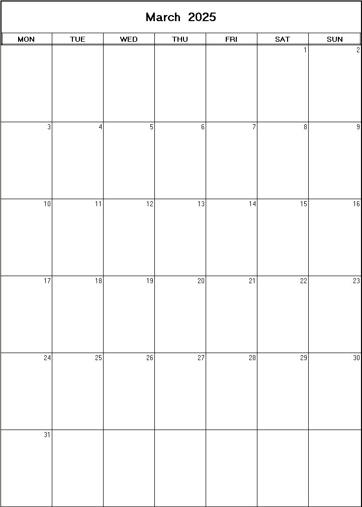 printable blank calendar image for March 2025
