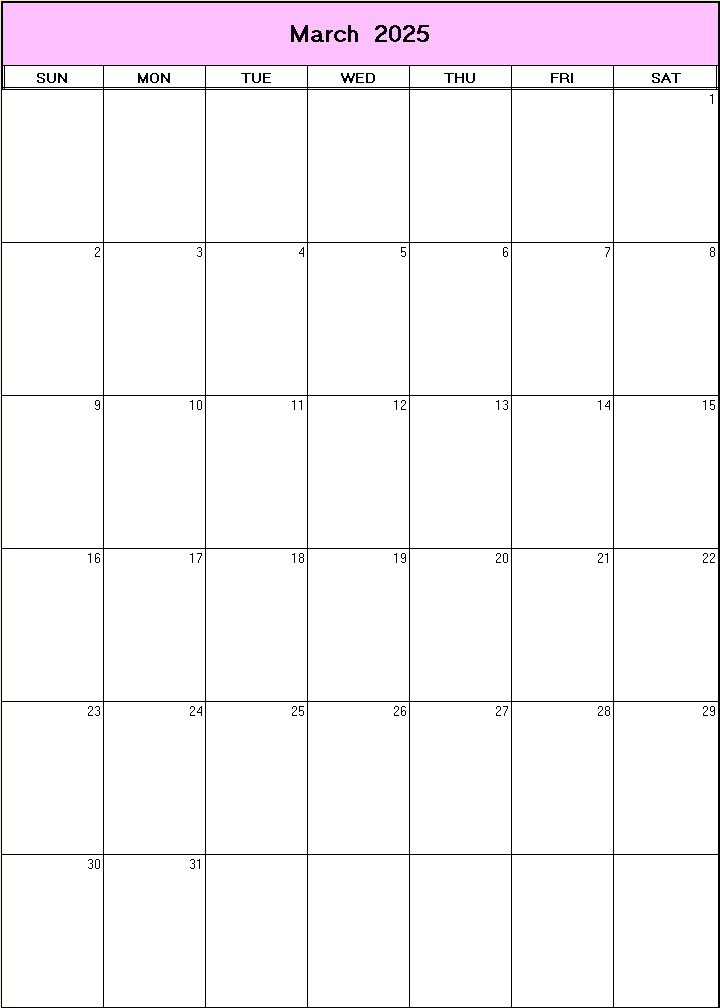 printable blank calendar image for March 2025
