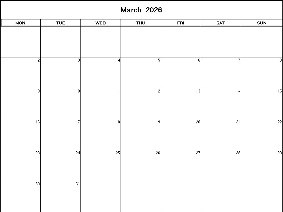 printable blank calendar image for March 2026