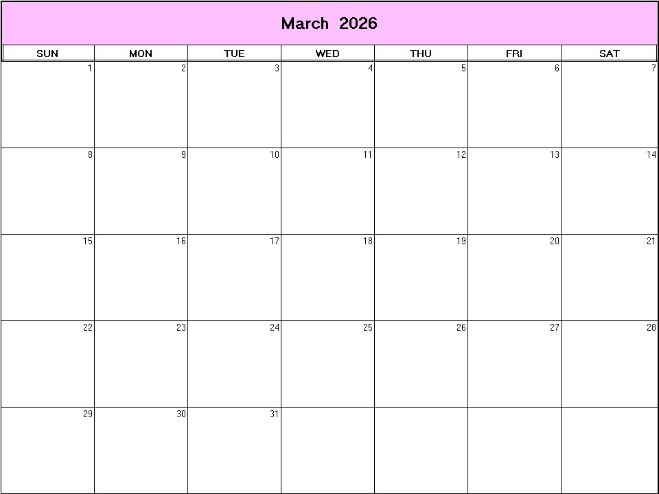 printable blank calendar image for March 2026