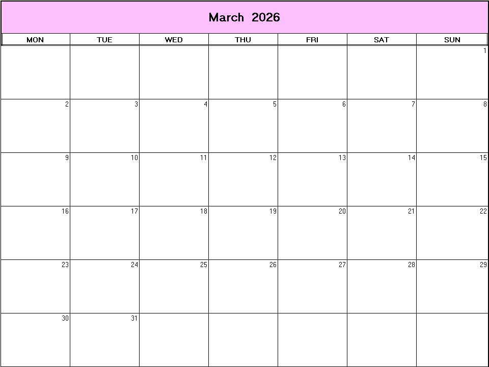 printable blank calendar image for March 2026