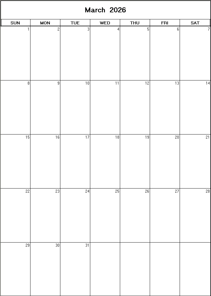 printable blank calendar image for March 2026