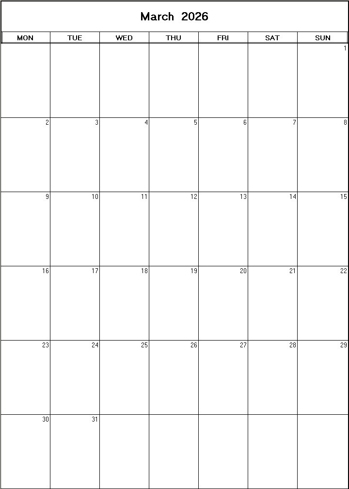 printable blank calendar image for March 2026