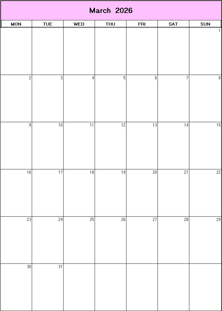 printable blank calendar image for March 2026