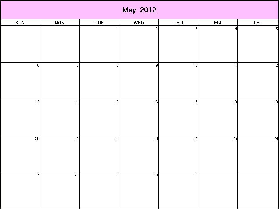 printable blank calendar image for May 2012